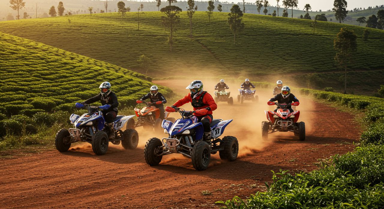 Close up of a person wearing a helmet and goggles on a quad bike